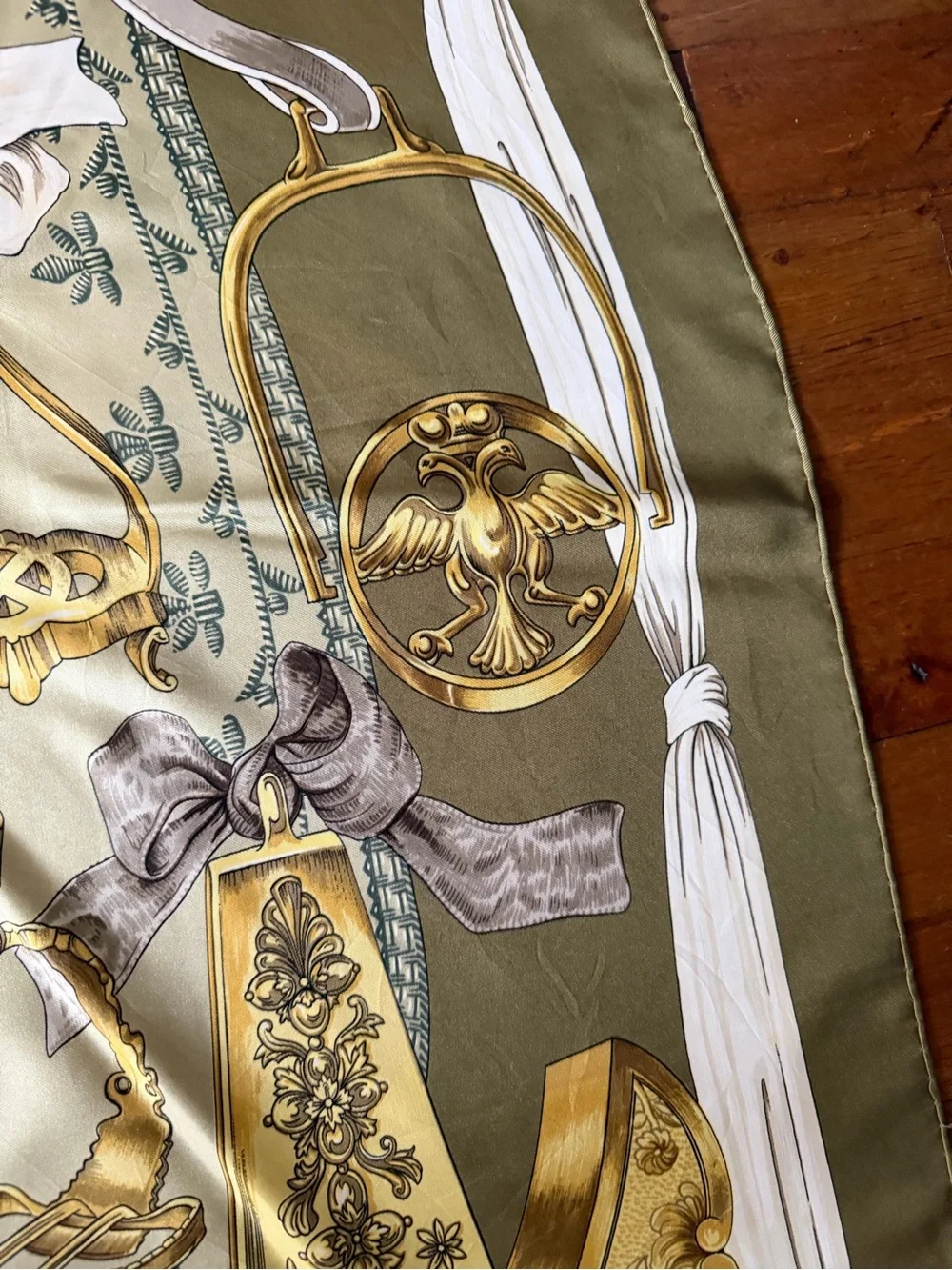 Hermes Etriers Silk Scarf with Gold Equestrian Hardware Print in Olive and Cream - Picture 11 of 16